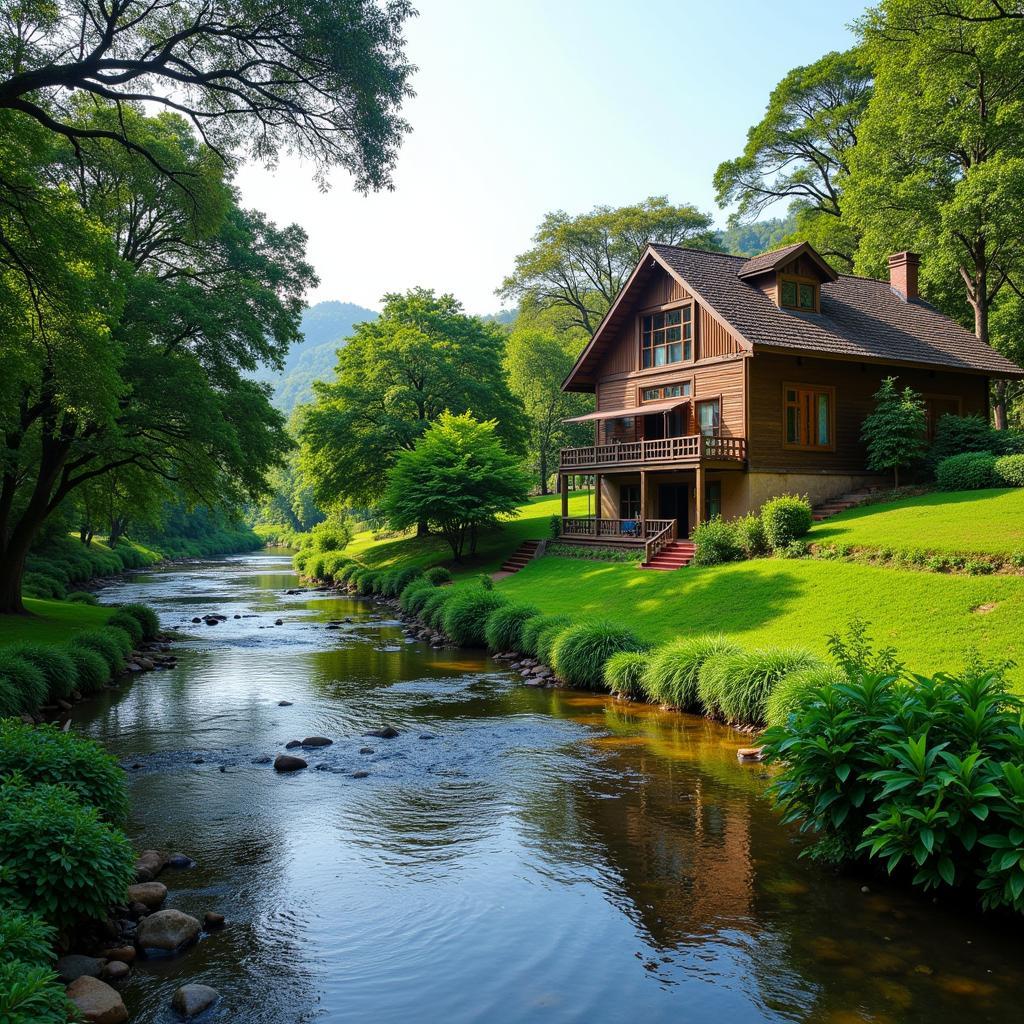 Scenic view of a riverside homestay in Chikmagalur