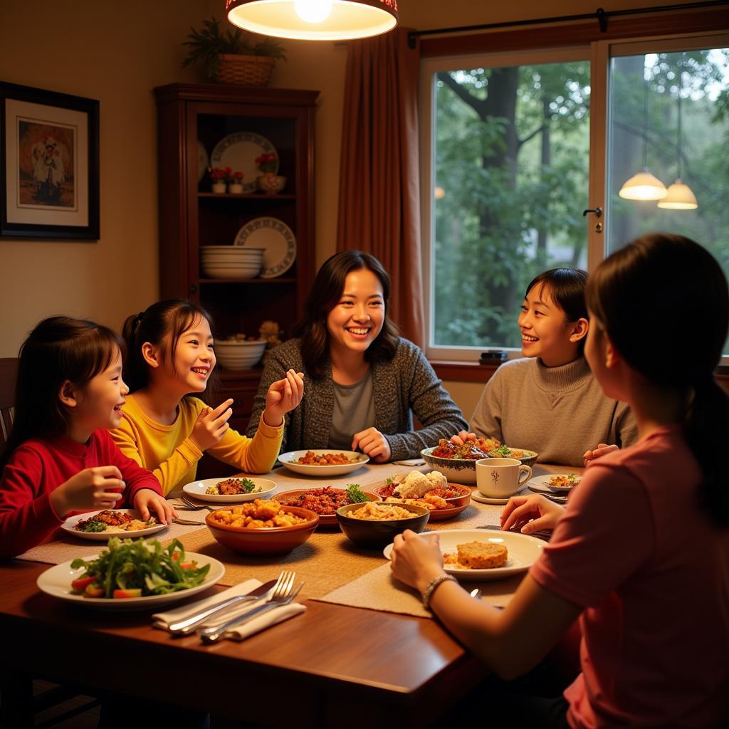 Chinese family enjoying dinner together in a Vancouver homestay