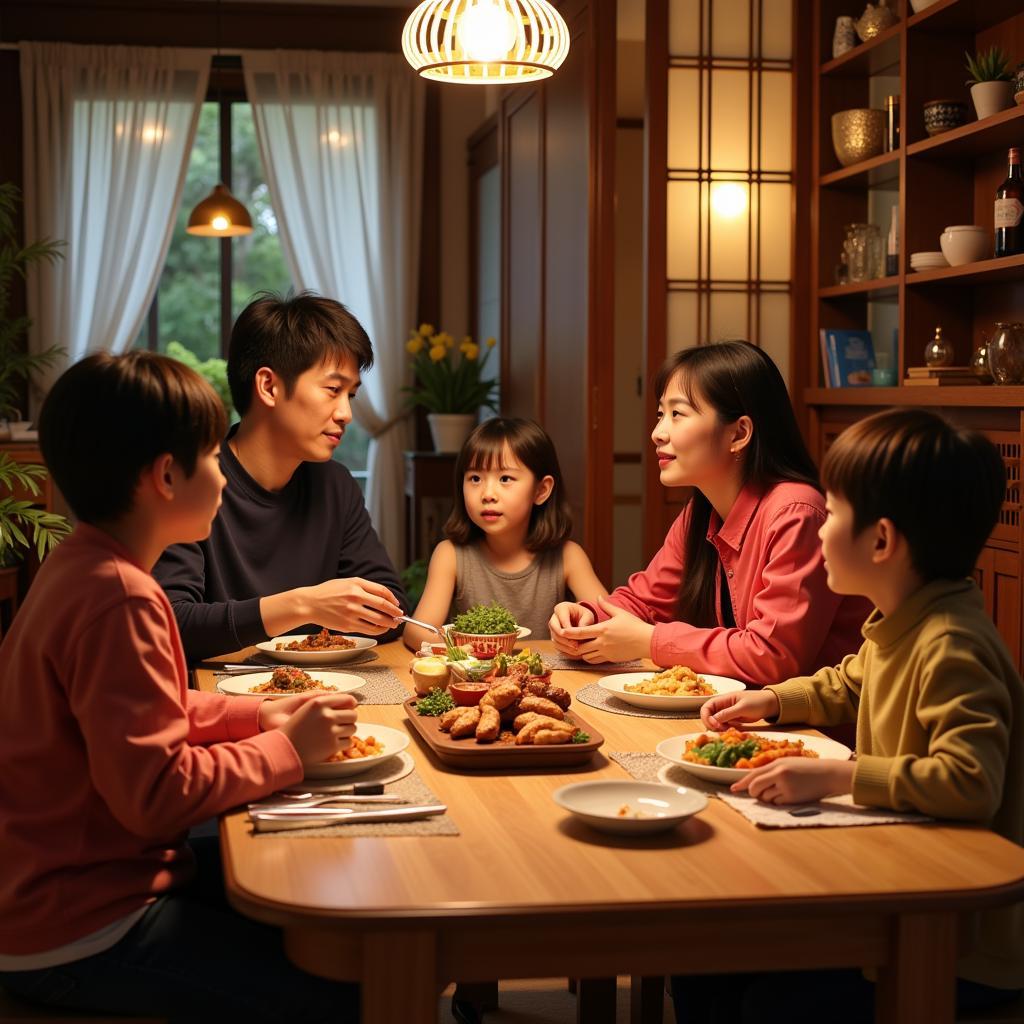 Chinese family having dinner with a homestay student