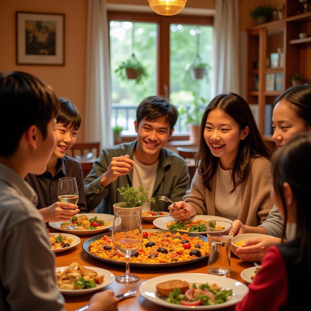 A Chinese student enjoying a traditional Spanish meal with their host family, conversing in Mandarin.