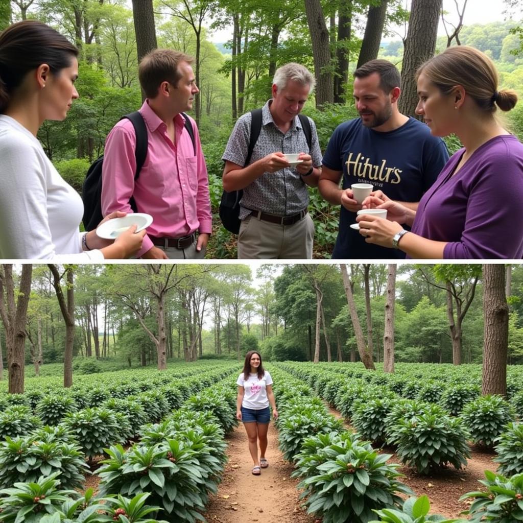 Guests enjoying various activities at a coffee estate homestay in Chikmagalur, including coffee tasting and a plantation tour.