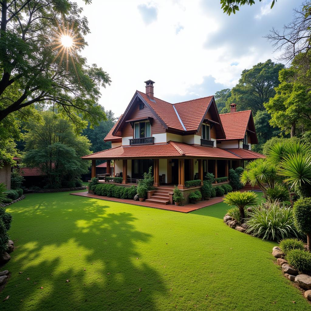 The exterior view of a charming Coorg homestay with a garden.