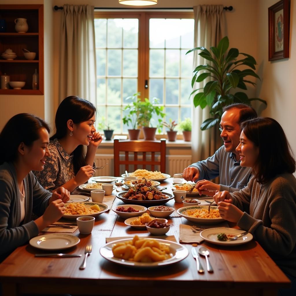 A family enjoying a traditional Coorgi meal at their homestay.