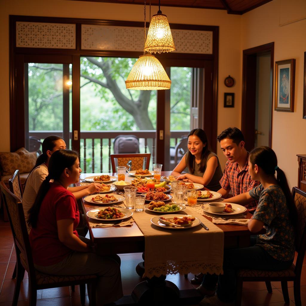 A family enjoying a traditional Coorgi meal together in a homestay.