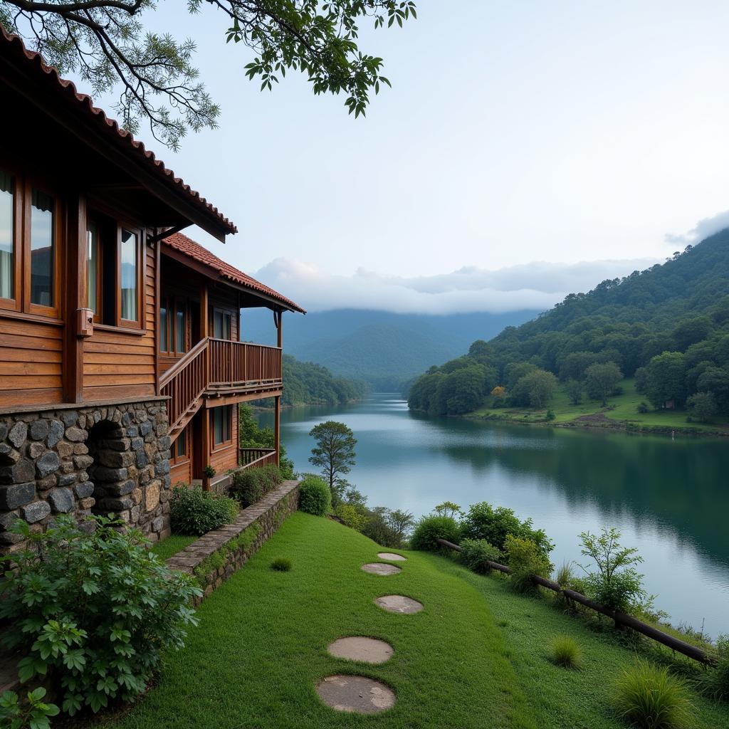 Serene view of a Coorg homestay overlooking a tranquil lake