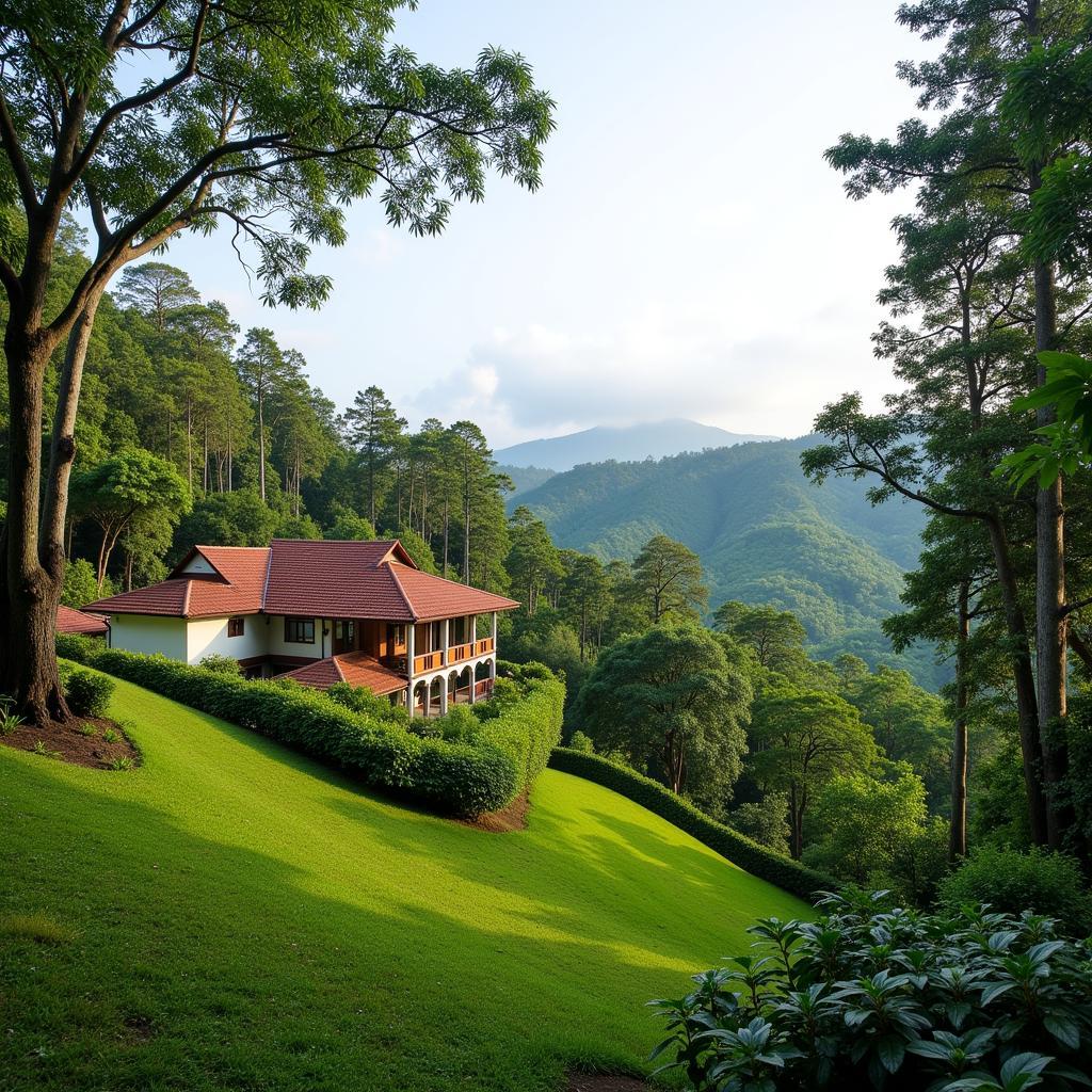 Scenic view of a Coorg homestay near Madikeri with rolling hills and coffee plantations in the background.