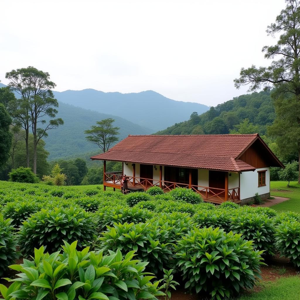 Scenic view of a Coorg homestay nestled amidst the lush greenery, with Nagarhole National Park in the background.