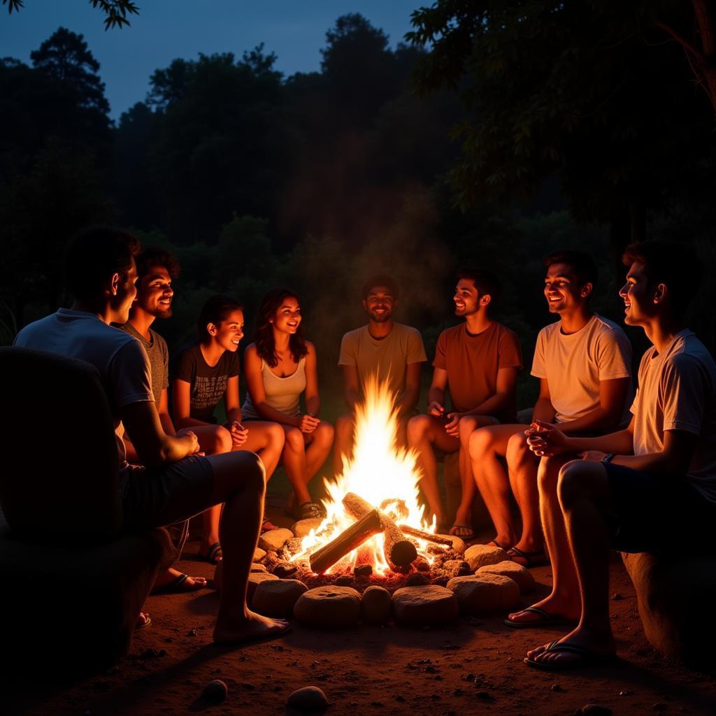 Team members enjoying a bonfire at a Coorg homestay