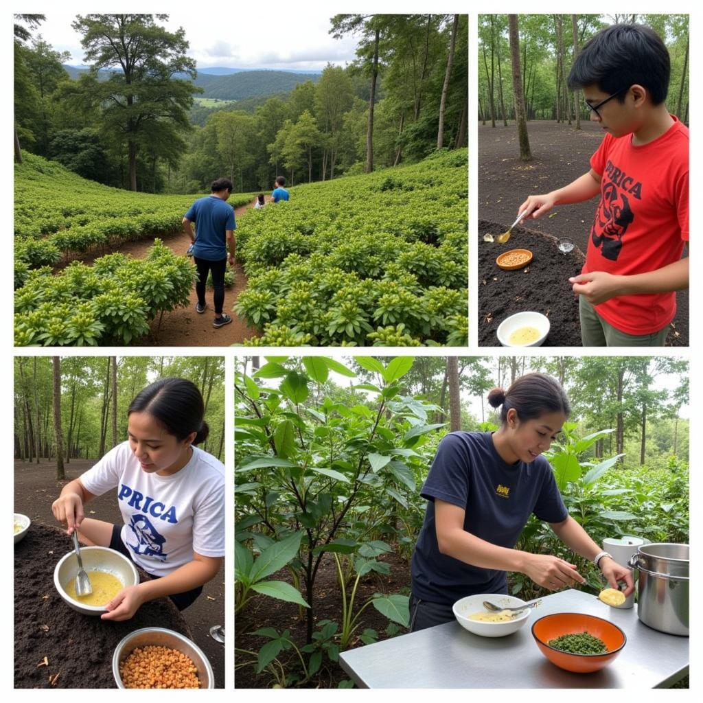 Guests enjoying various activities at a homestay in Coorg Madikeri, including coffee plantation tours, nature walks, and local cuisine cooking demonstrations.