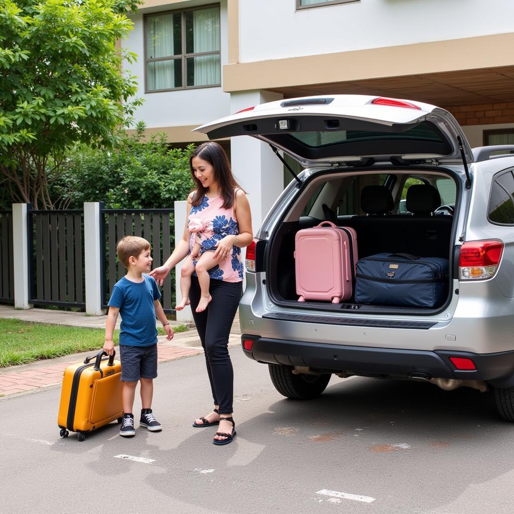 Family arriving at their Da Lat homestay, parking their car in the designated spot.