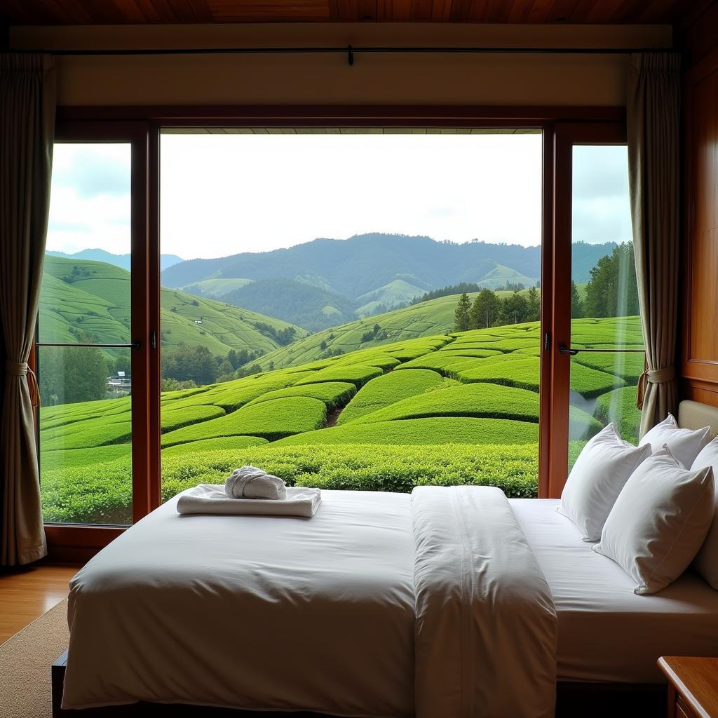 Da Lat homestay with a captivating glass view of a lush tea plantation.