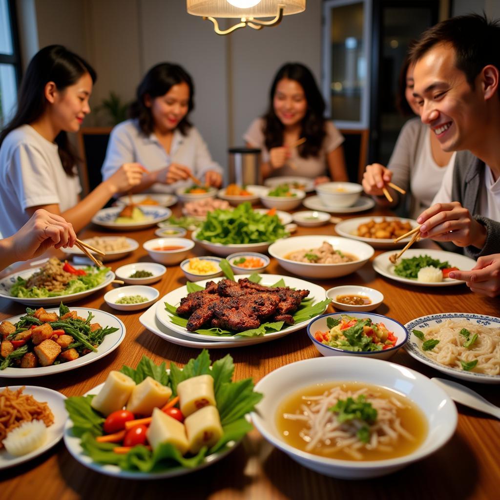 A delicious Vietnamese meal being shared in a Da Lat homestay.