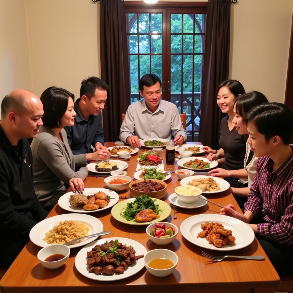 Enjoying a delicious, authentic Vietnamese meal with a local family in a Dalat homestay.