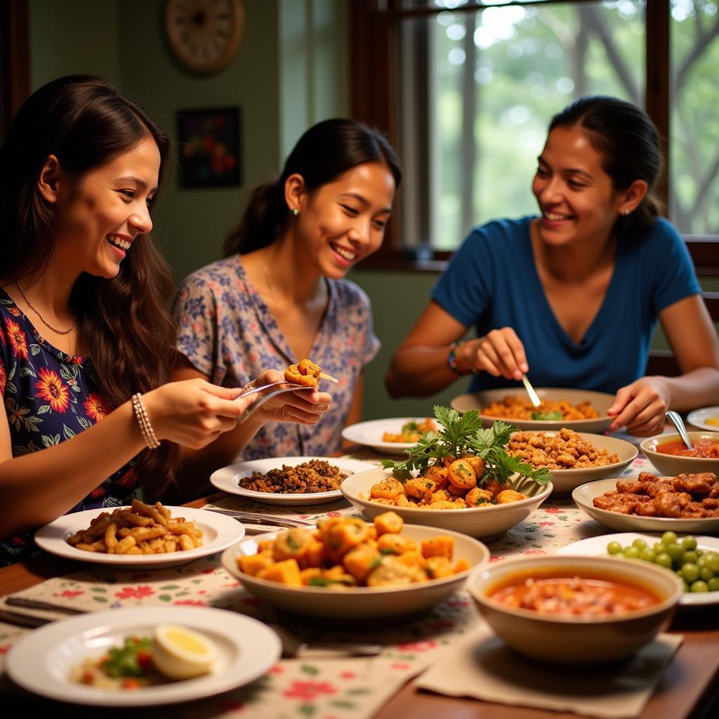 A local family sharing a traditional meal with guests at a Dandeli homestay, showcasing the warm hospitality.