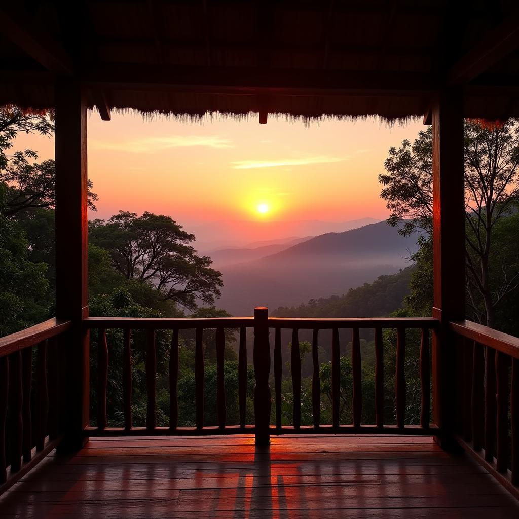 Sunrise view from a Dandeli jungle homestay balcony