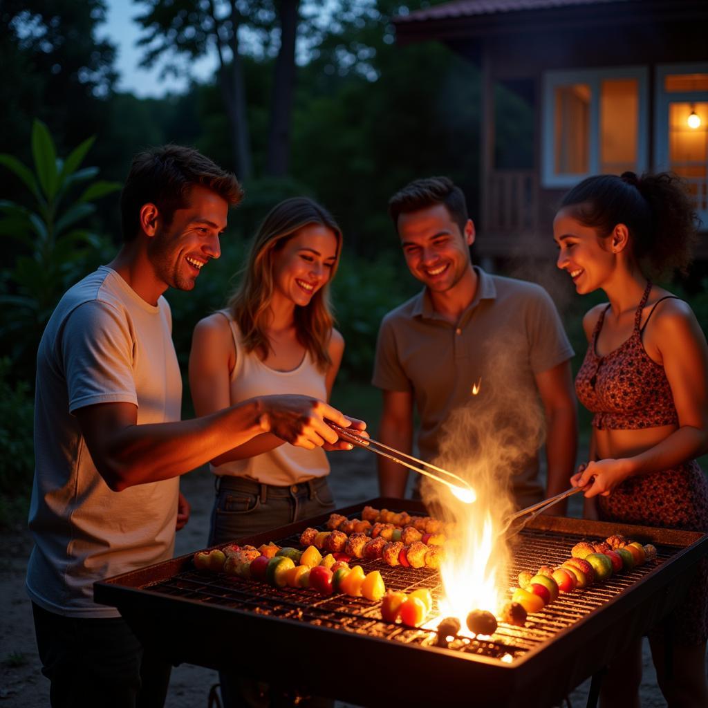 Family enjoying a BBQ dinner at a Desaru homestay at night