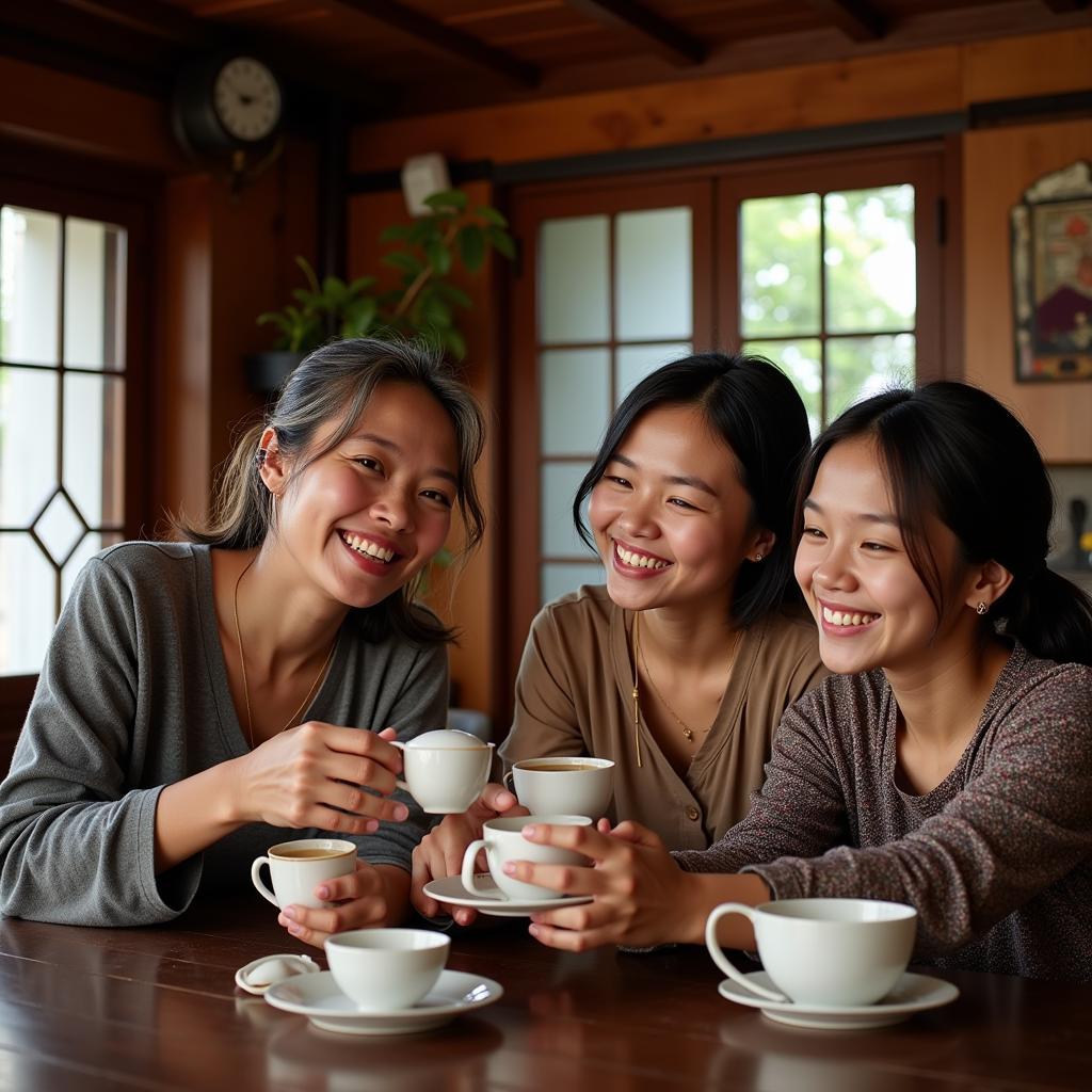 Do Son Homestay Family - A warm Vietnamese family welcomes guests into their home with smiles and traditional tea.