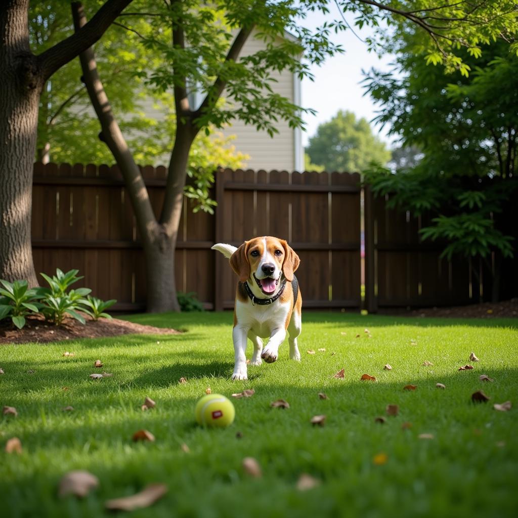 Dog playing fetch in a Wellington backyard during a homestay.