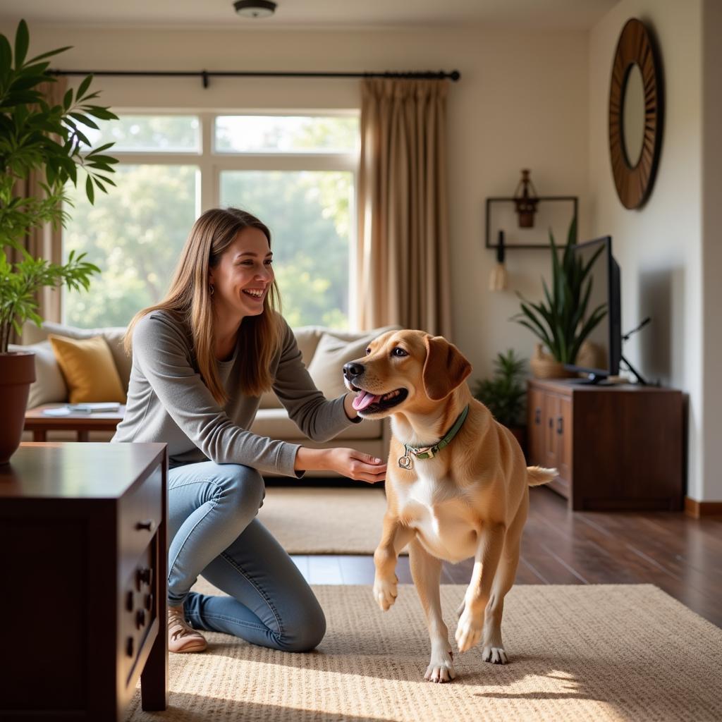 Dog playing with a caregiver in a Spanish home