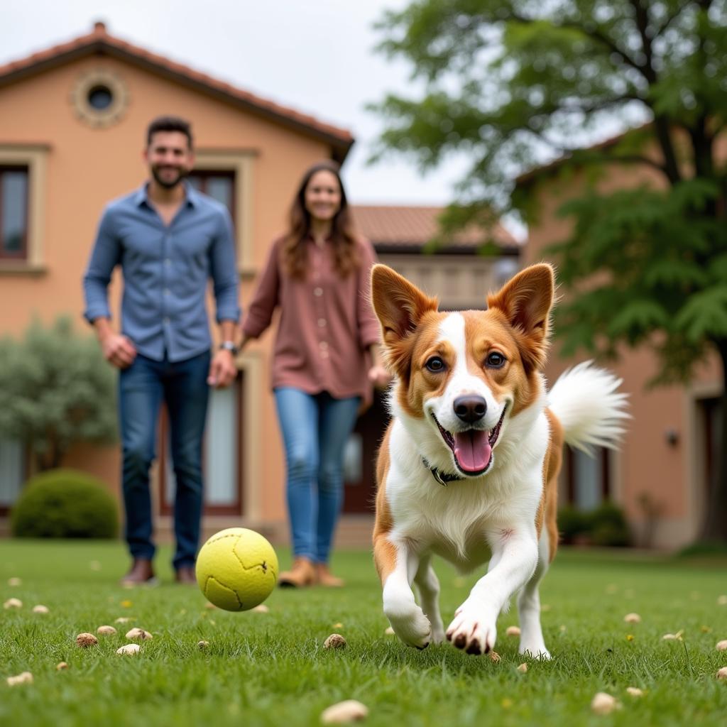 Dog playing with host family