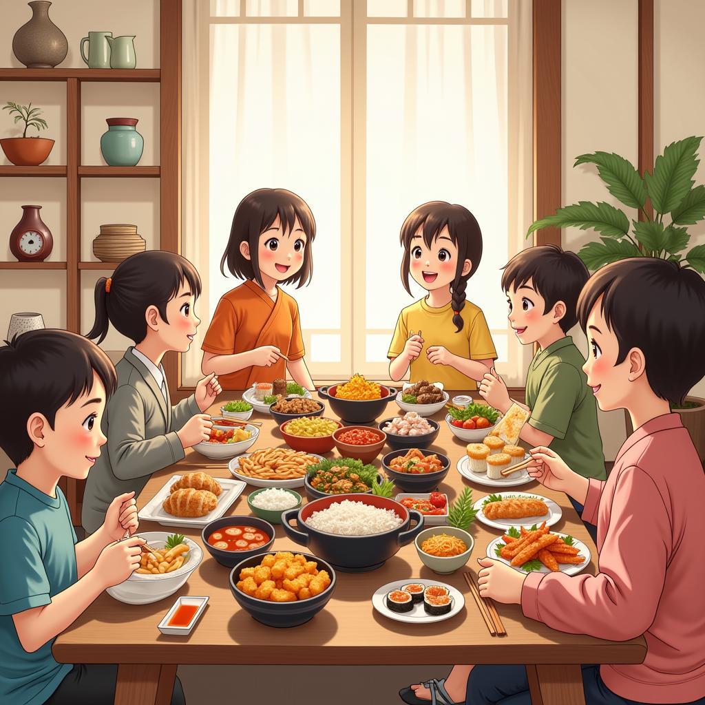 Family enjoying a traditional Japanese dinner during a homestay