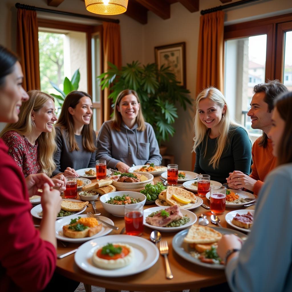 Guests enjoying a traditional Spanish meal in a homestay setting, embodying the Kingfisher Likas experience.