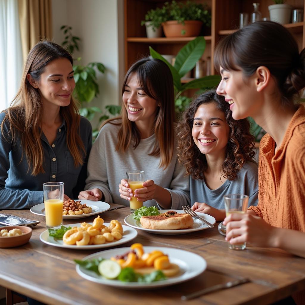 Guests from Bristol enjoying a relaxed evening with their Spanish host family, sharing laughter and conversation in a comfortable homestay setting.