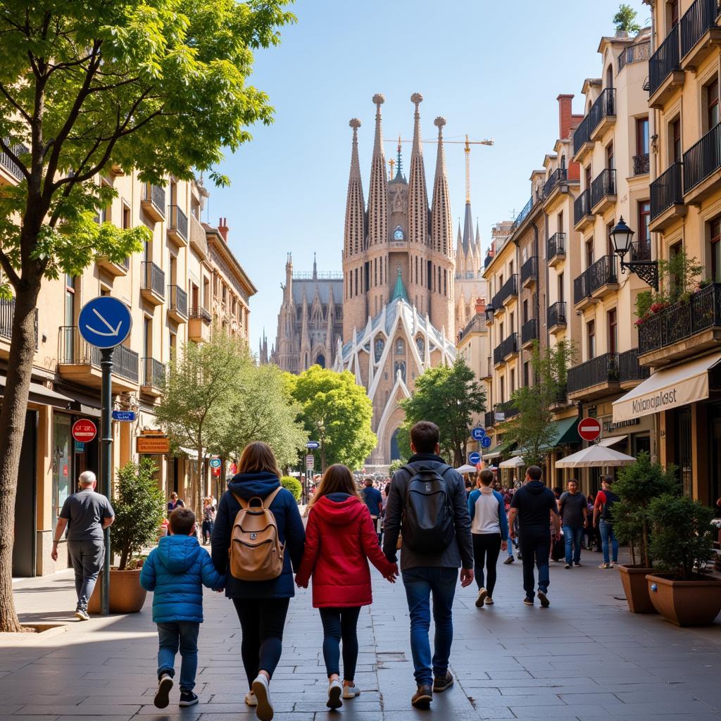 A family exploring the vibrant streets of Barcelona with their homestay host.