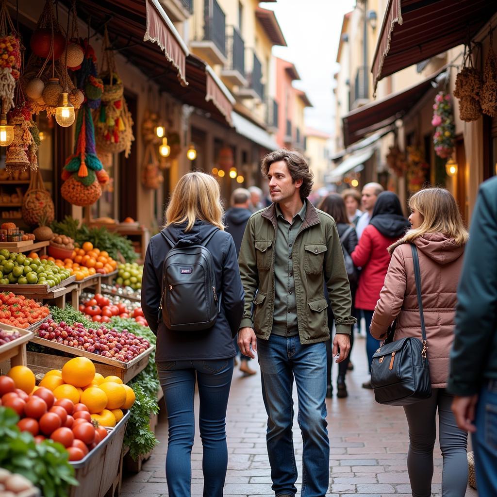 Guests exploring a vibrant local market near their Spanish homestay