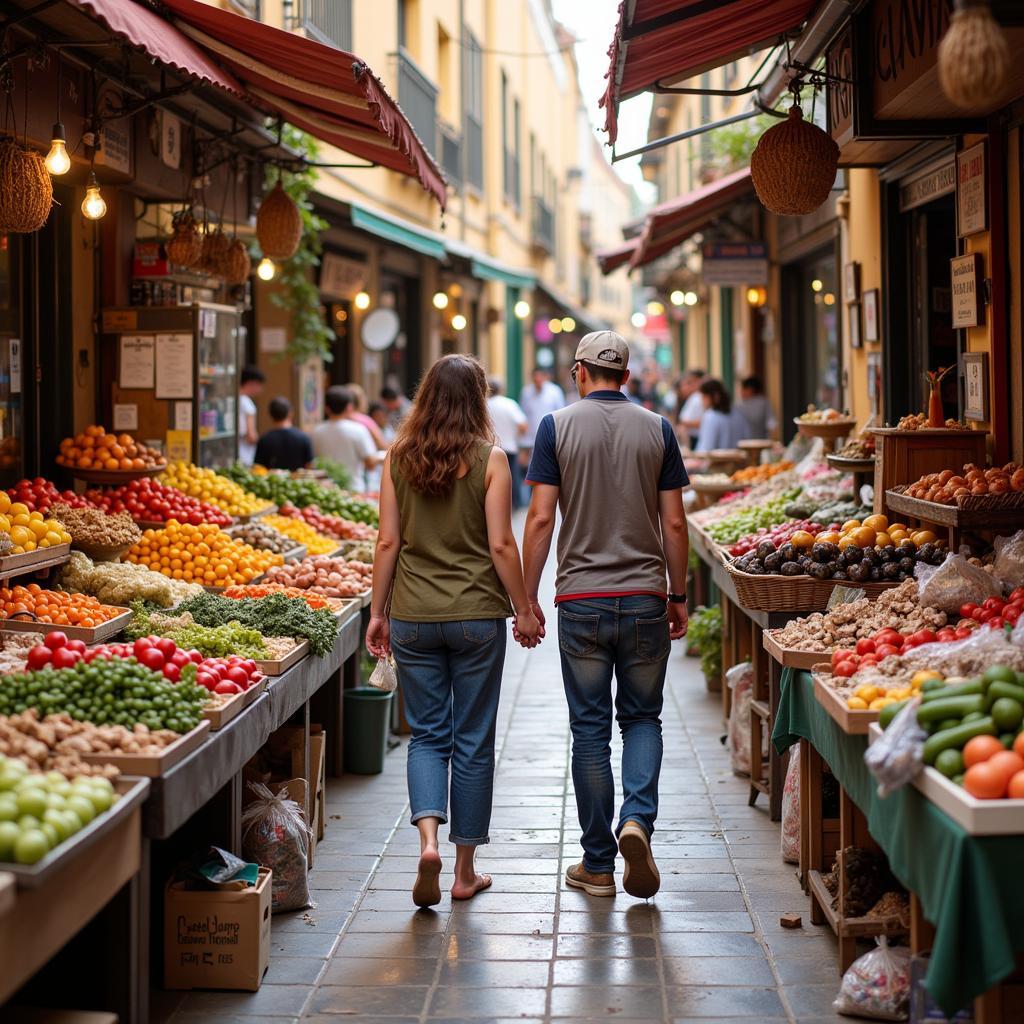 Exploring a local market with a homestay host in Spain