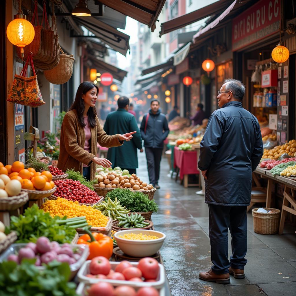 Guest exploring a vibrant local Spanish market with their homestay host