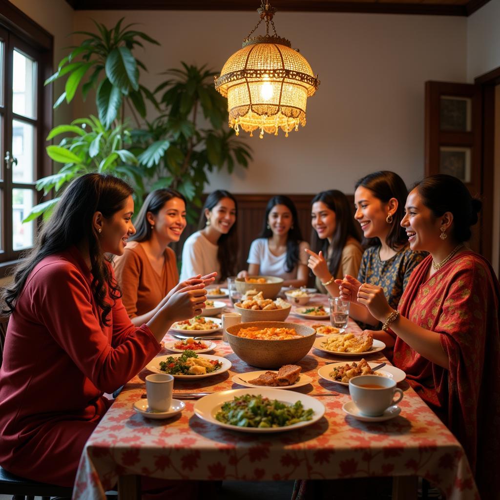 Guests enjoying a traditional Marathi meal with their host family