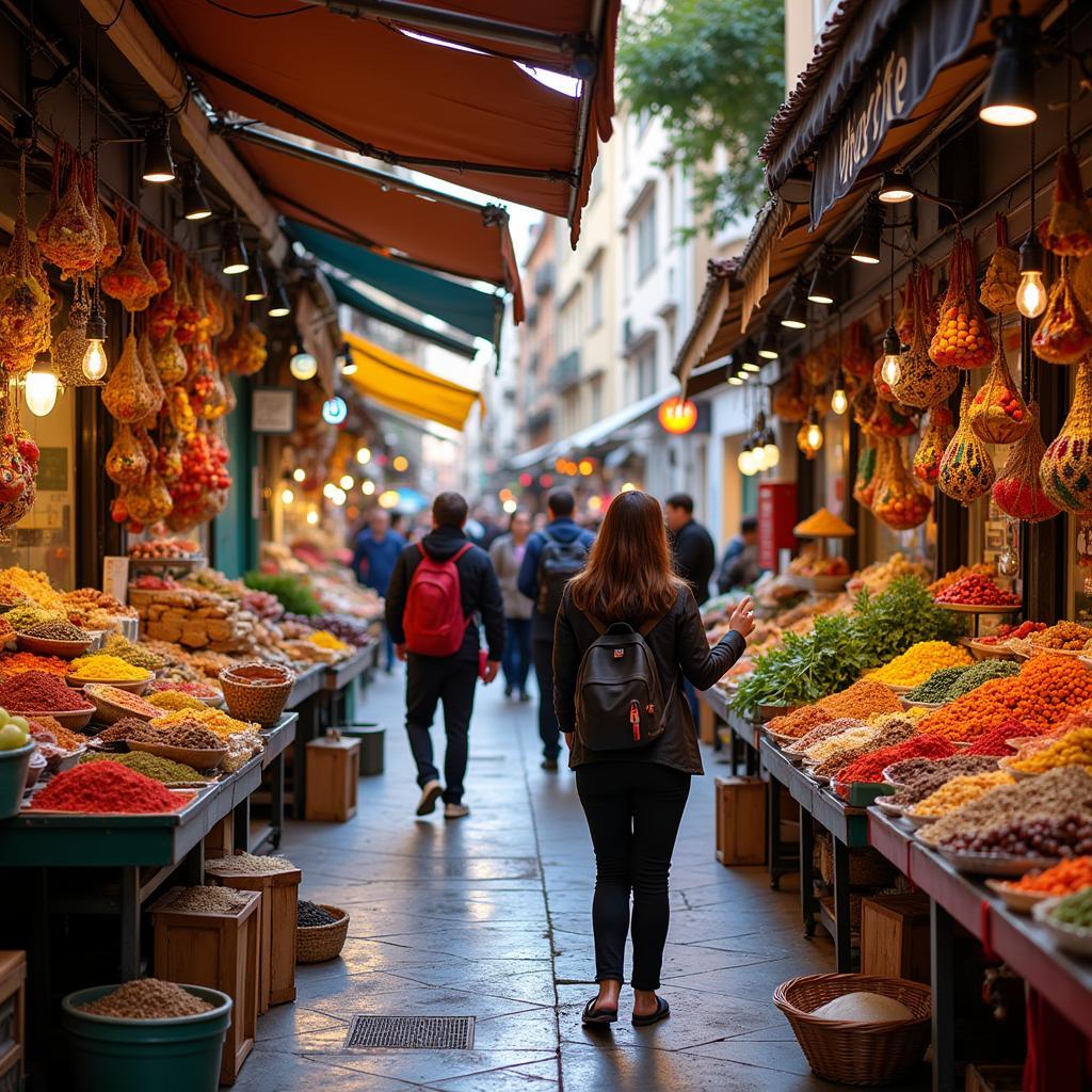 Exploring a bustling Spanish market with a local guide