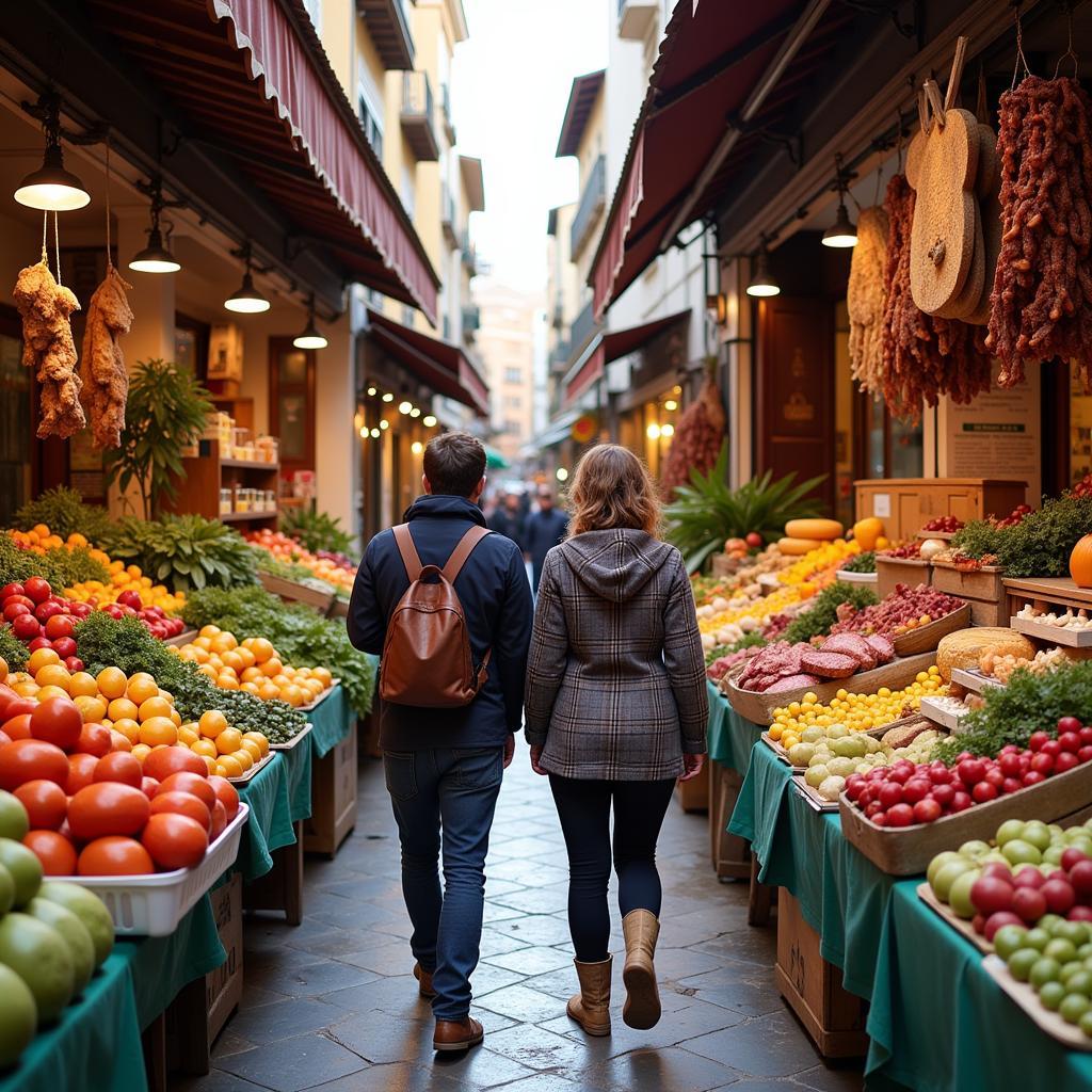 A homestay guest explores a bustling Spanish market with their host, learning about local produce and ingredients.