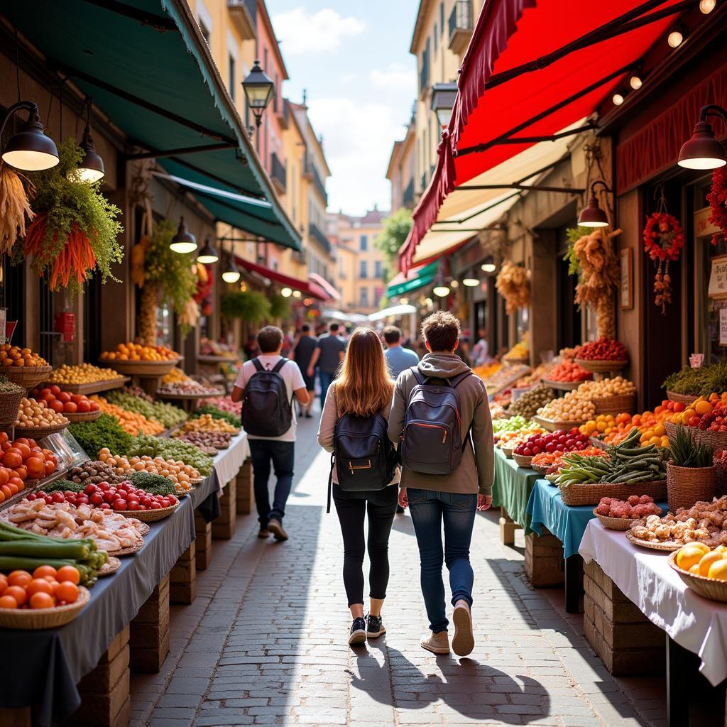 Exploring a bustling Spanish market with a local host, discovering fresh produce and regional delicacies.