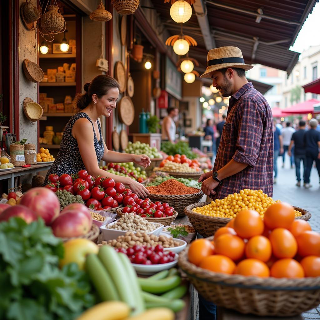 A homestay guest explores a vibrant Spanish market alongside their host, discovering fresh produce, local crafts, and the bustling atmosphere.