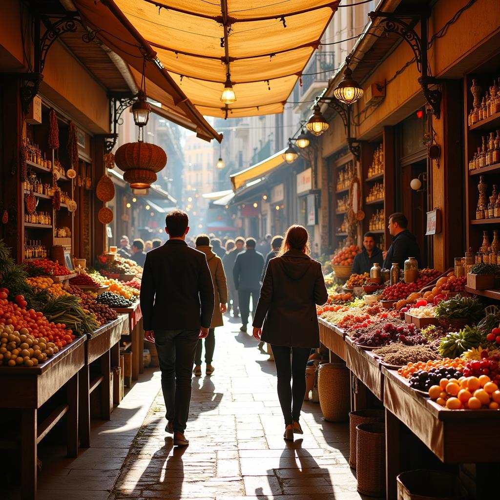 A group of people navigating a bustling Spanish market, filled with colorful produce, spices, and local crafts. The scene captures the vibrancy and authenticity of local life.