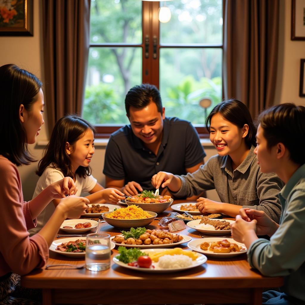 A family enjoying a meal together at Eylizar Homestay in Langkawi, Kedah, highlighting the warm and welcoming atmosphere.