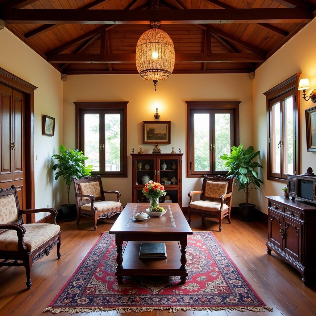 Interior view of Fahsai Antique Homestay, showcasing the traditional Thai decor, antique furniture, and a comfortable and inviting atmosphere.