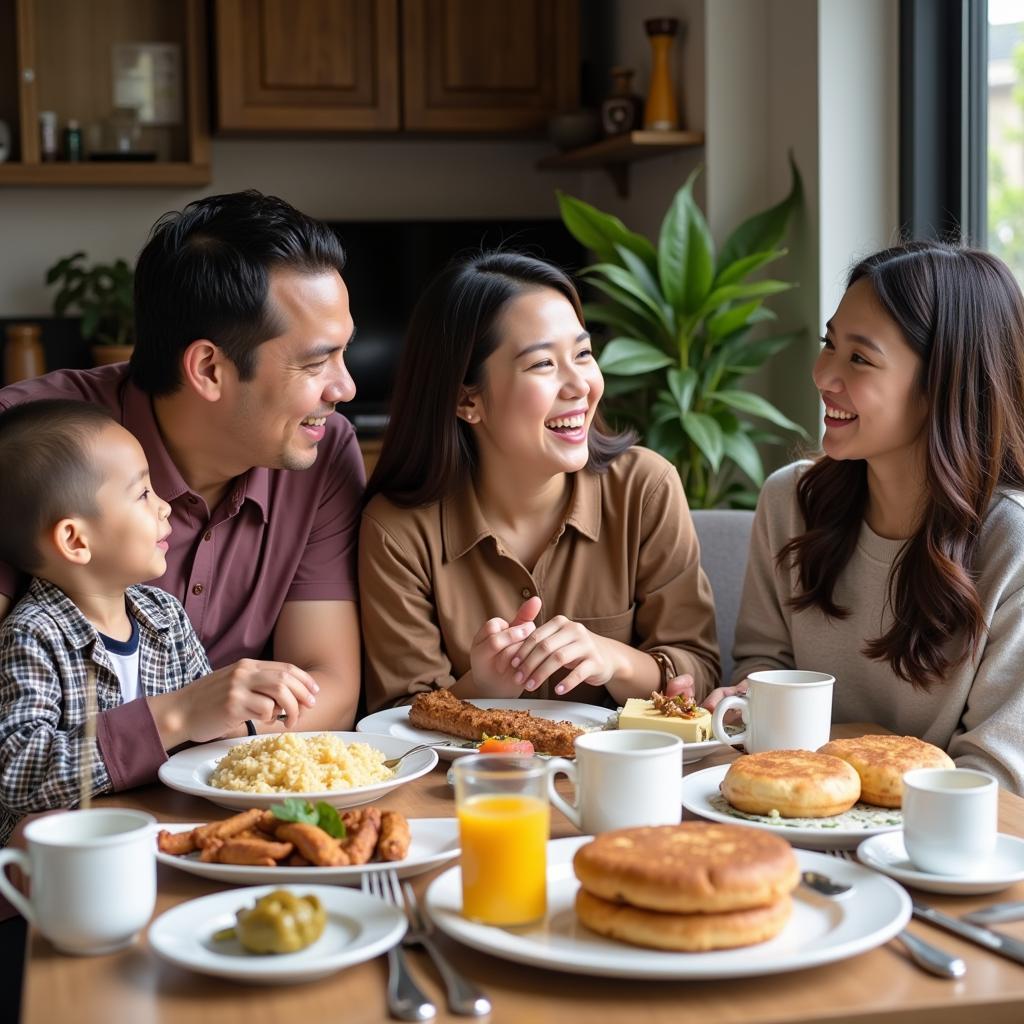 Family enjoying traditional Malaysian breakfast in a Langkawi homestay