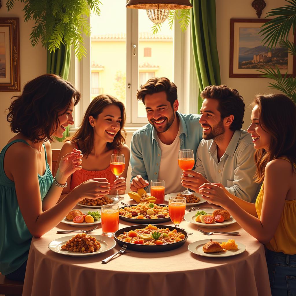 Family enjoying a traditional Spanish meal together during their homestay experience