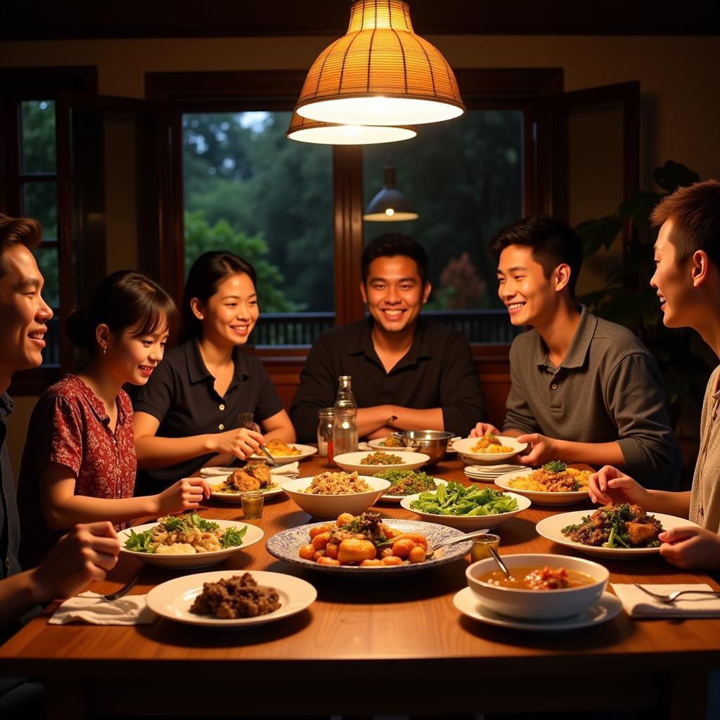 A warm and inviting scene of a family sharing a meal together in a traditional Indonesian homestay in Yogyakarta.