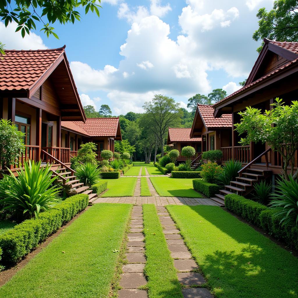 Tranquil village scene in Felda Semenchu, Johor, showcasing traditional Malaysian houses and lush greenery, perfect for a homestay experience.