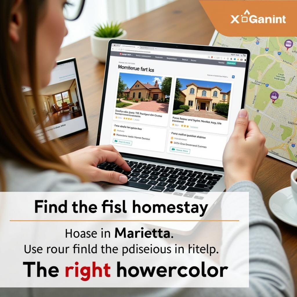 Searching for the perfect Spanish homestay in Marietta on a laptop, with a map of Marietta and photos of various homestays displayed on the screen.