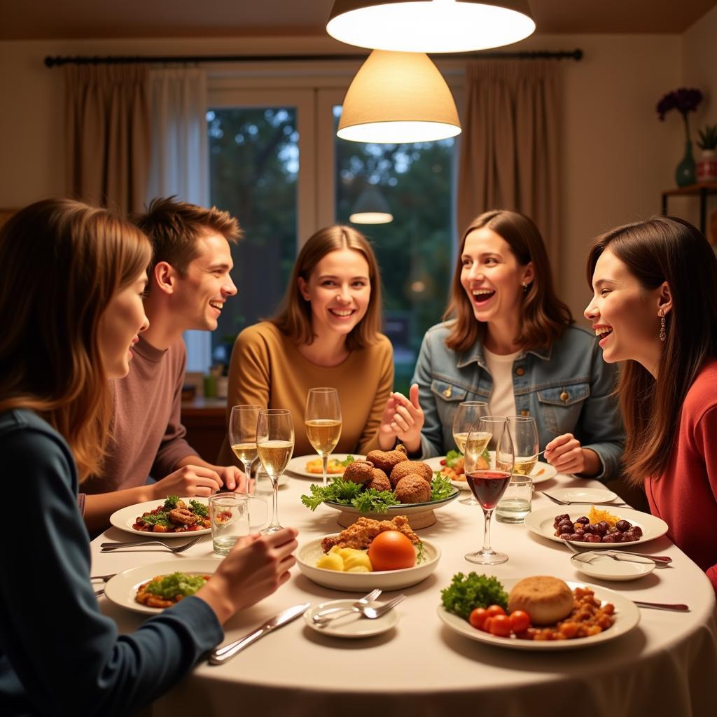 French family enjoying dinner with homestay student