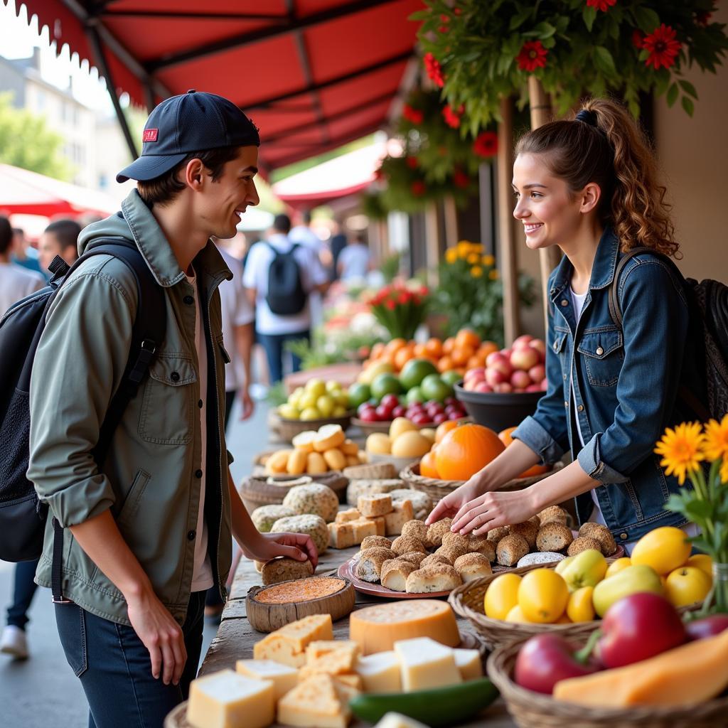 A student explores a bustling French market during their homestay.