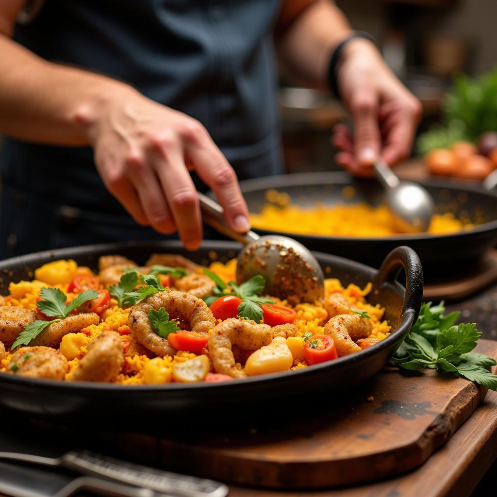 Preparing paella in a Spanish homestay kitchen