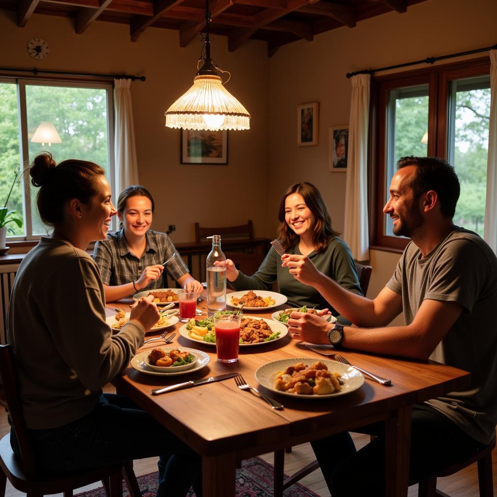 A family enjoying a meal together at a Gano Farm Homestay