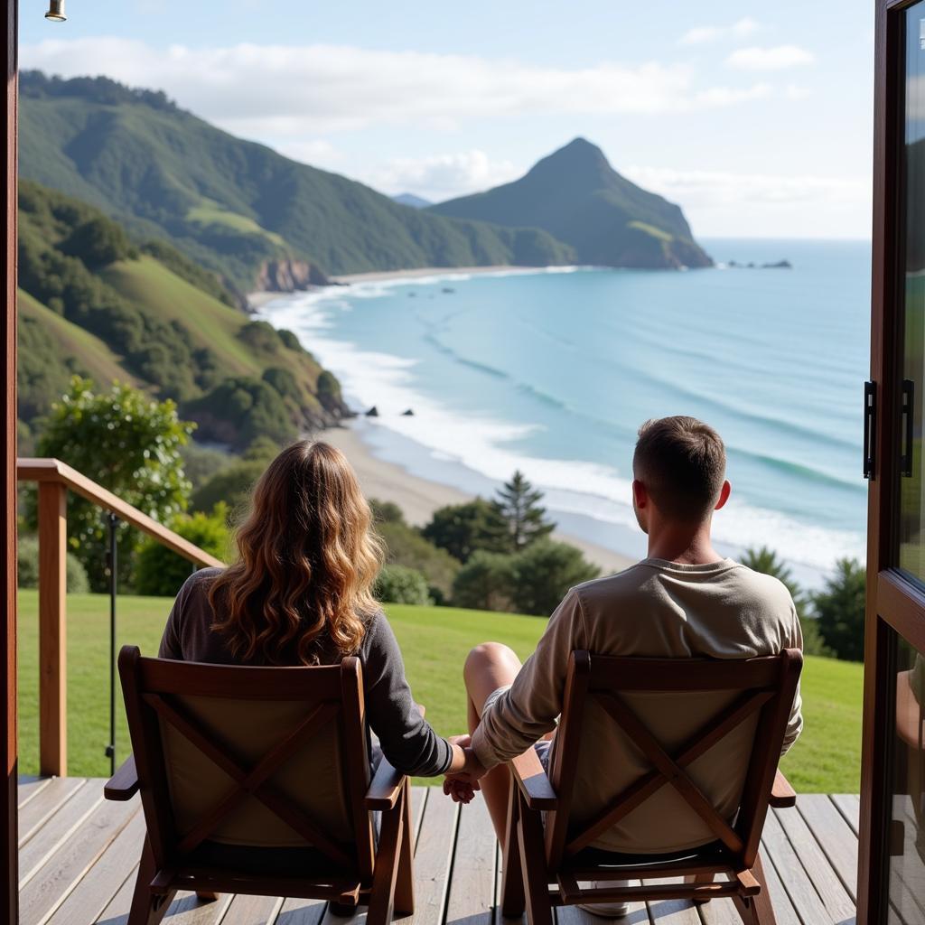 Couple enjoying the coastal view from a gay-friendly homestay in New Zealand