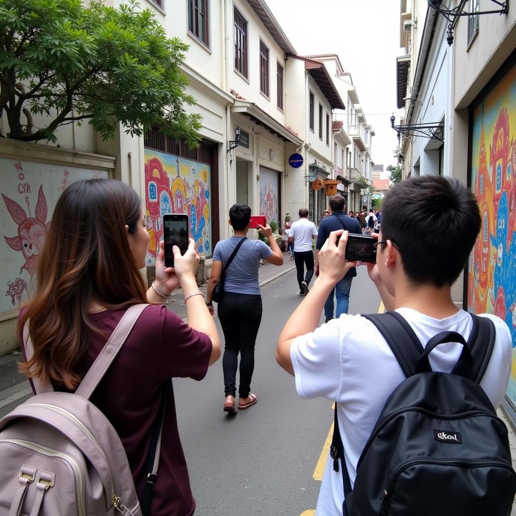 Guests exploring the vibrant street art of Georgetown during their homestay experience